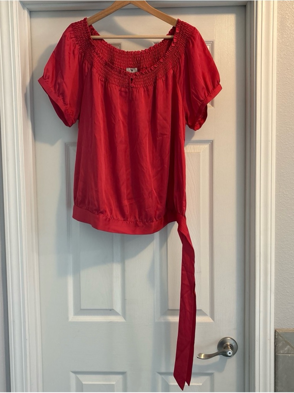Worthington Red/Pink to Coral Red Smocked Neck Short-Sleeve Blouse with Side Tie